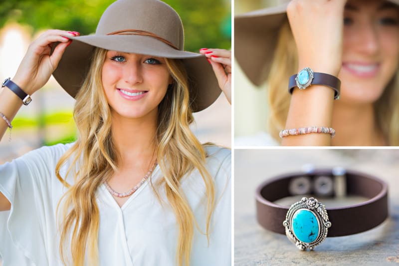 This is a lifestyle photo of a model wearing two bracelets and a necklace. The necklace is a unique, rhodochrosite necklace with a matching bracelet. The second bracelet is a leather bracelet with a turquoise stone in the center, surrounded by silver detailing. 