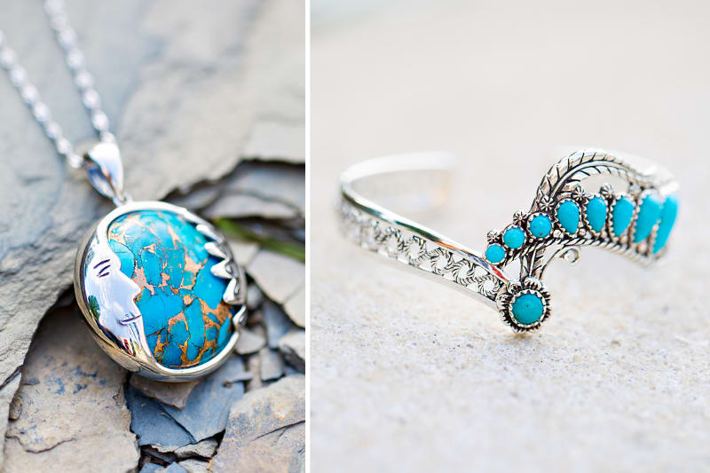 This is a close up photo of two pieces, a pendant and a bangle. The pendant is a circular, sterling silver, turquoise pendant with silver sun and moon detailing on the sides on a silver chain. The second photo is a sterling silver bangle with turquoise stones and silver detailing. 