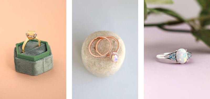 A collage of three side-by-side opal rings on a pink, orange and blue gray background. 