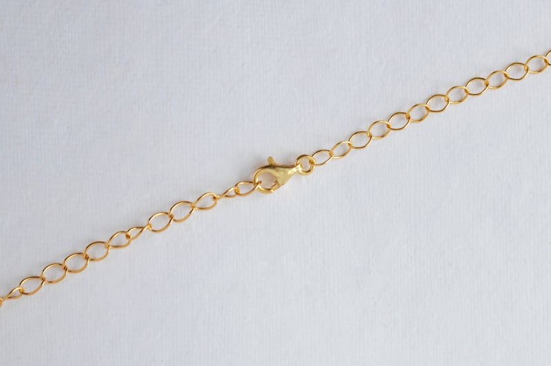 A photo is shown with a close up on a gold clasp against a white background. 