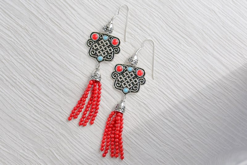 coral and silver dangle earrings 