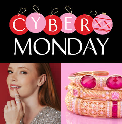 Cyber Monday logo woman wearing jewelry and pink bracelets 