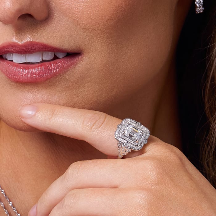 woman wearing moissanite fire rings 