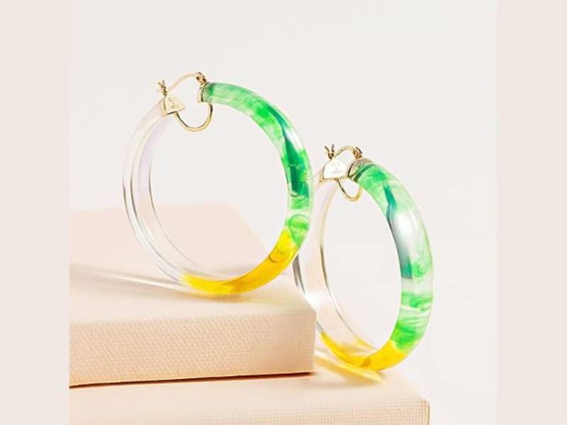 14k yellow gold over sterling silver green and yellow tie dye acrylic hoops 
