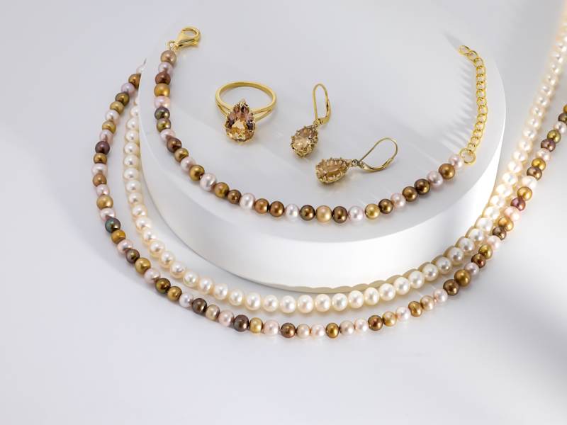 fall neutral colored gemstone and pearl jewelry 