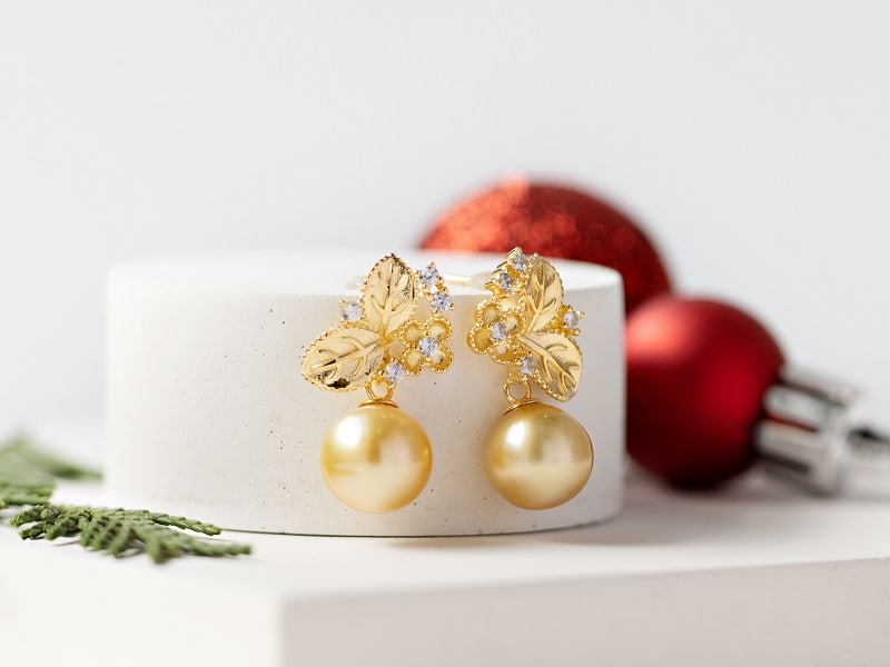 gold south sea pearl earrings with christmas decor 
