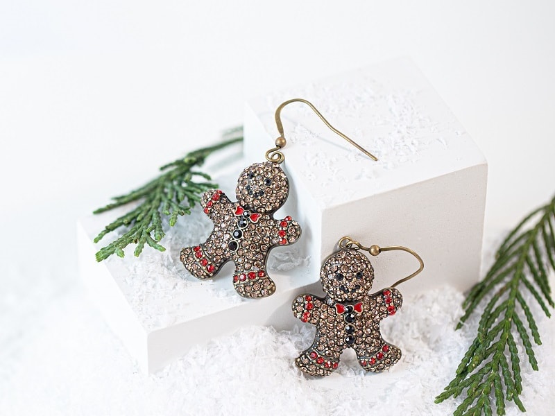 gingerbread man earrings with christmas decorations 