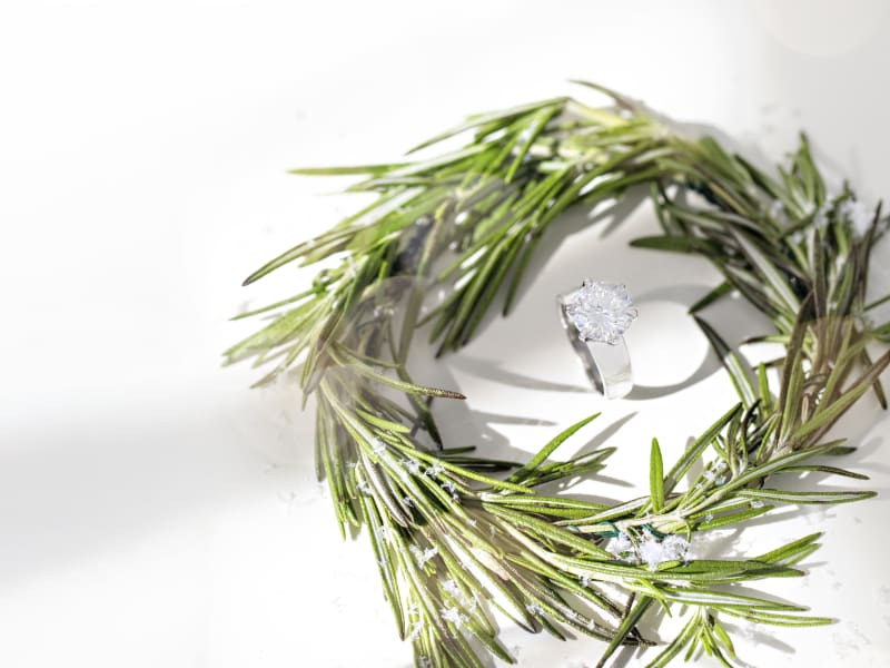 A silver moissanite ring sitting in the middle of a small wreath 